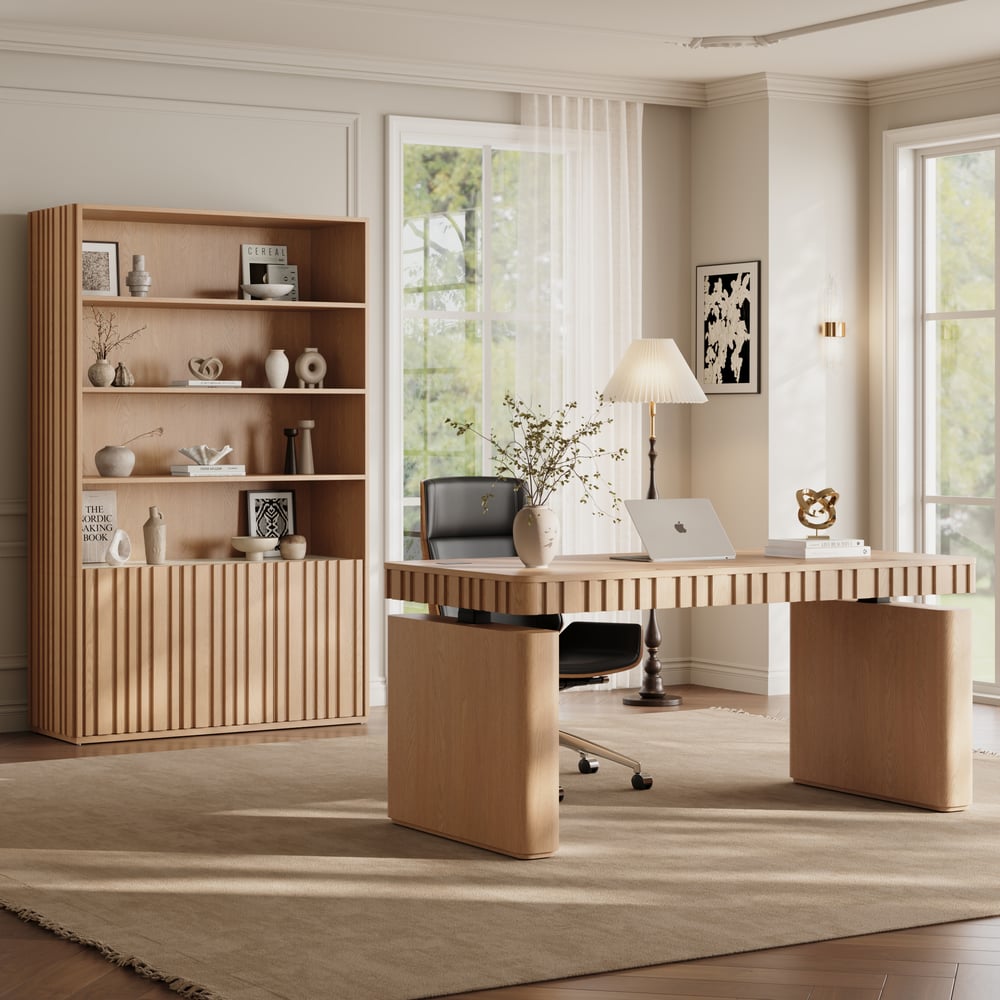 Aura 120cm Boekenkast van Essenhout met Gegroefde Details en Blad van Sintersteen Vensterafbeelding