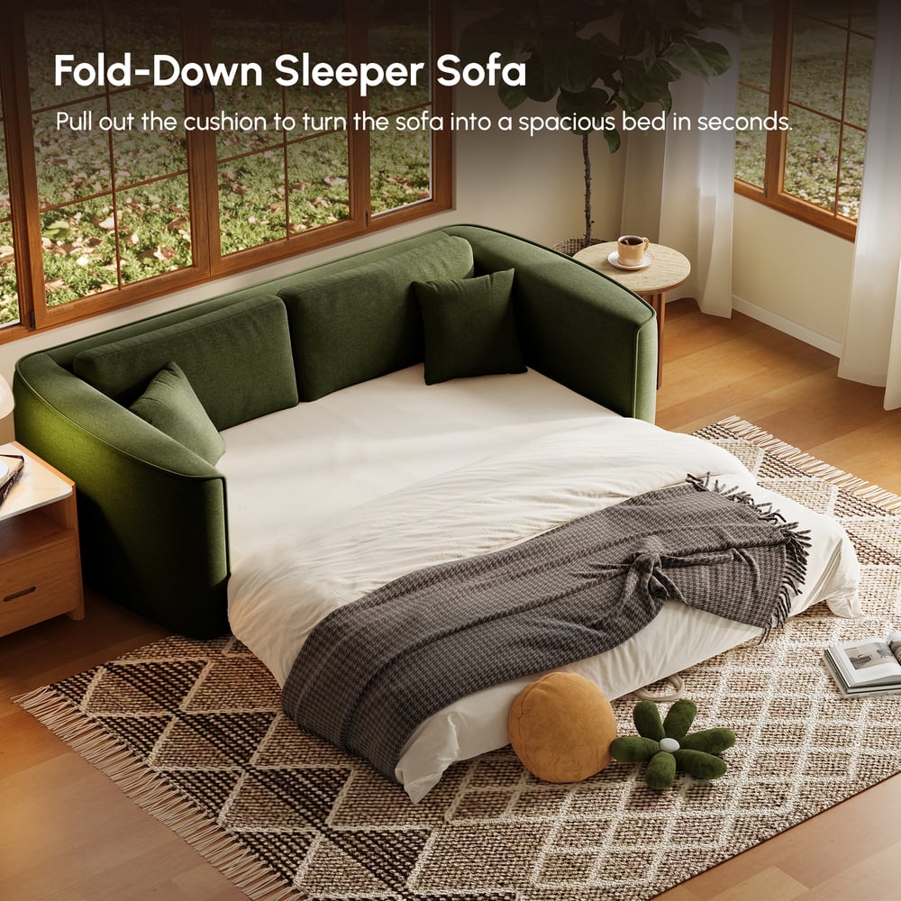 80" Queen 3-Seater Chenille Fold-Down Sleeper Sofa with Removable Cover window image