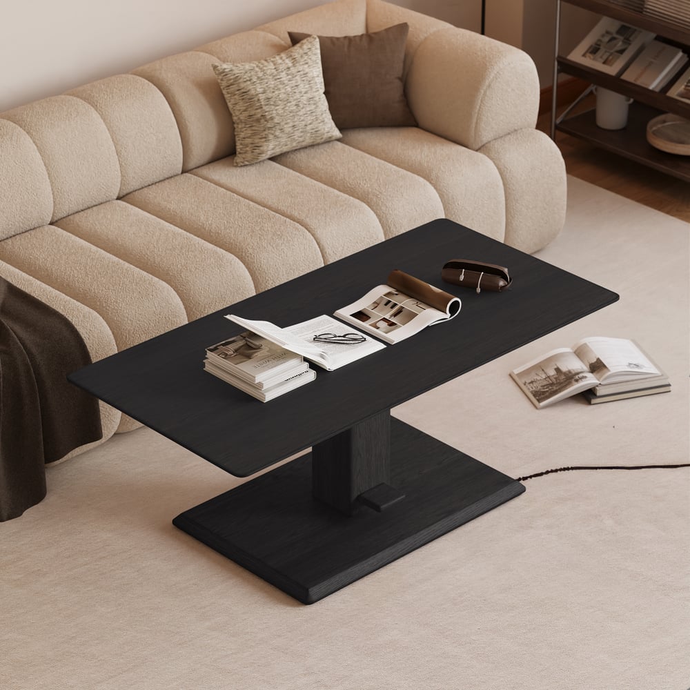 Table basse moderne de 119 cm en placage de bois noir, réglable en hauteur avec commande au pied image de fenêtre