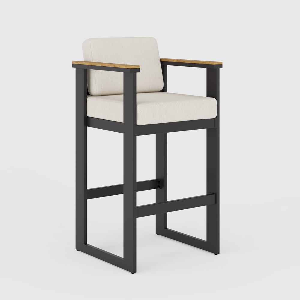 Tevara Teakhouten Moderne Outdoor Bar Set Donkergrijs Frame & Warm Wit Kussen Vensterafbeelding
