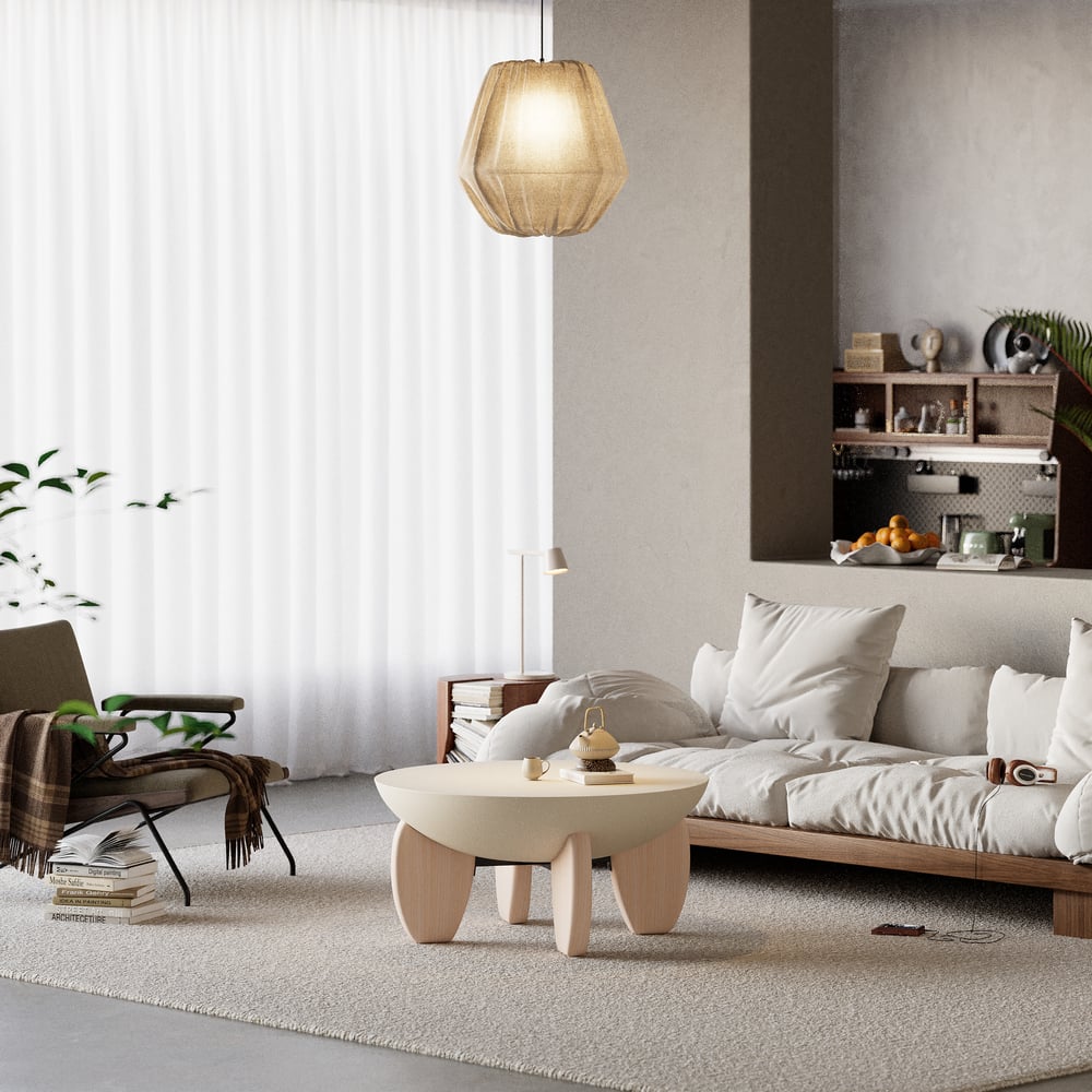 Curva Round Concrete Walnut Coffee Table with Wood Legs window image