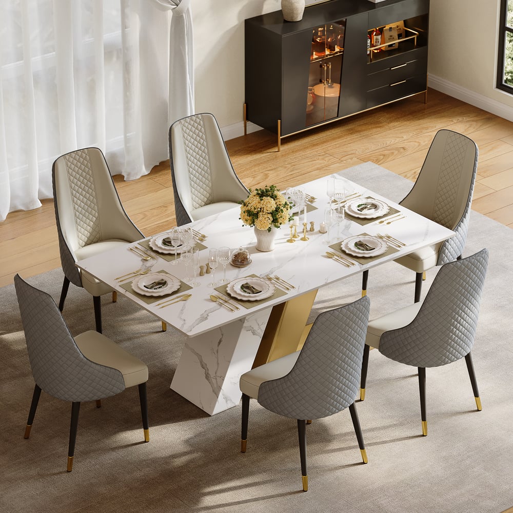 Dining Set 71" Modern Rectangle Sintered Stone Dining Table with 6 Chairs window image