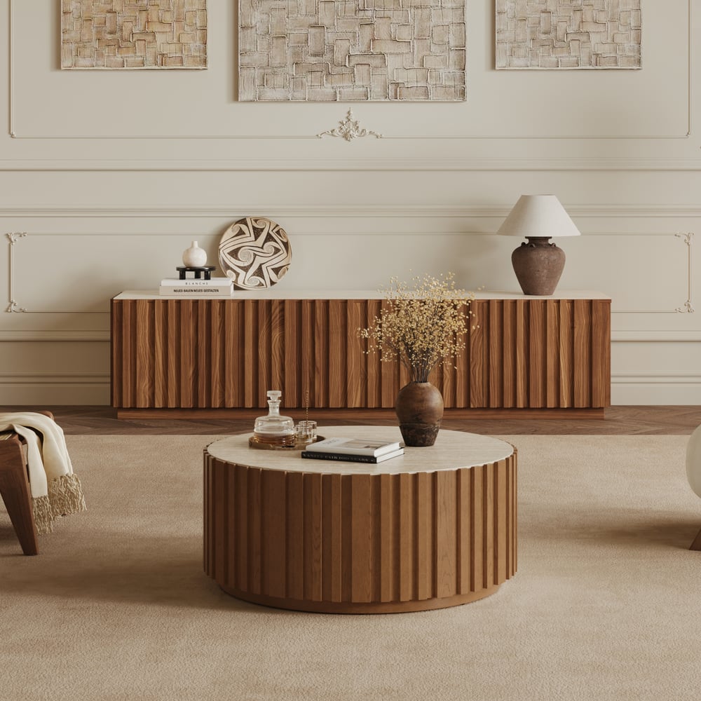 Aura 35" Ash Wood Slatted Round Coffee Table with Sintered Stone Top window image