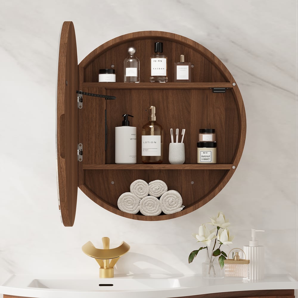 60cm Round LED Medicine Cabinet with Storage, Anti-Fog, Dimmable — Walnut window image