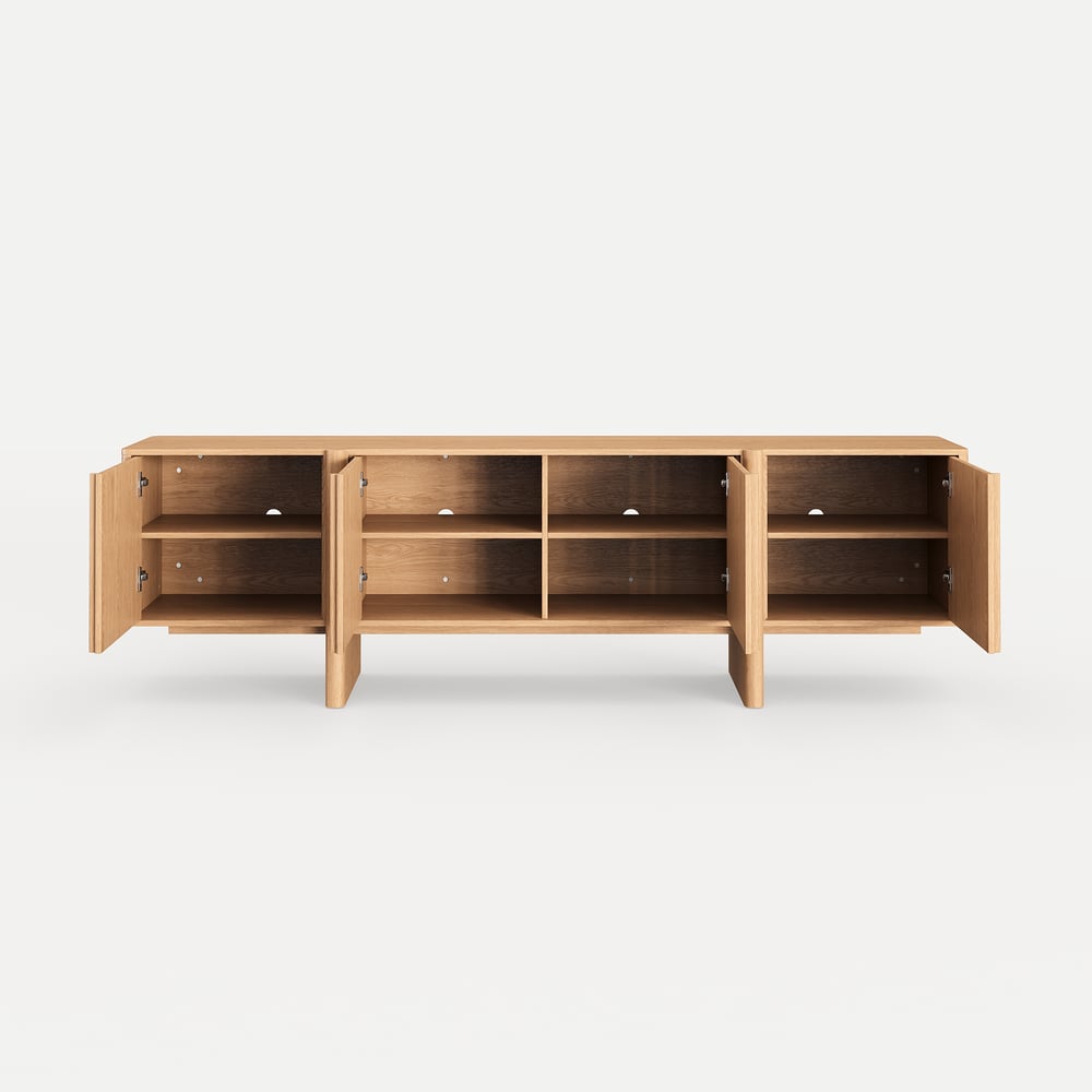 80" Solid Wood Fluted Natural TV Stand with Cabinets window image