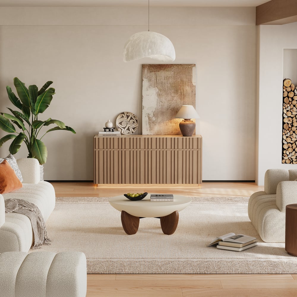 Aura 65" Ash Wood Slatted Natural TV Stand with Sintered Stone Top window image