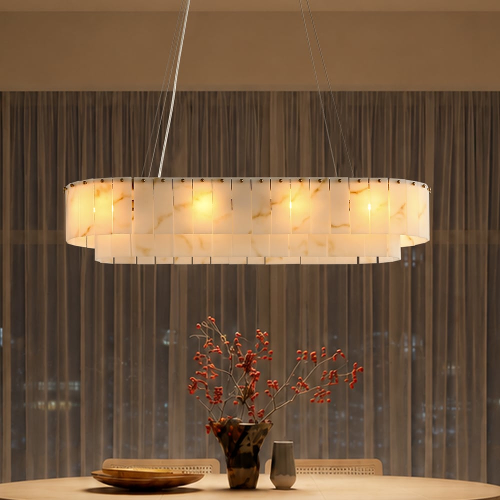 12-Light Linear Chandelier Alabaster-Look 2-Tier Dining Chandelier 40" window image