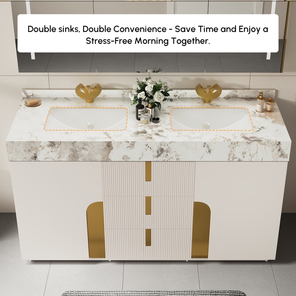 Tocador de baño doble flotante Artis de 60 pulgadas con lavabo, encimera de piedra sinterizada, amplio almacenamiento Imagen de ventana