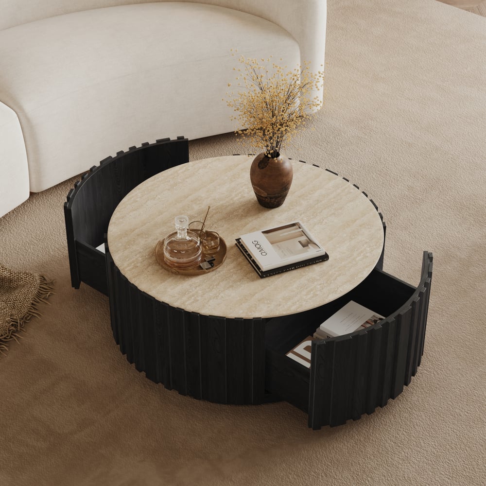 Aura 35" Round Black Slatted Sintered Stone Coffee Table with 2 Drawers window image