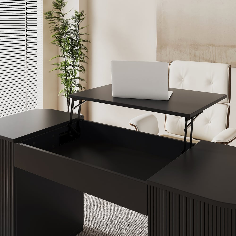 Modern 60" Black Standing Office Desk & Sliding Door Etagere Bookshelf window image