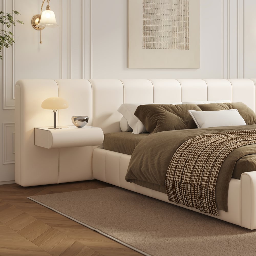 Humply King Size Upholstered Bed with Wide Headboard & Floating Smart Nightstand Set window image