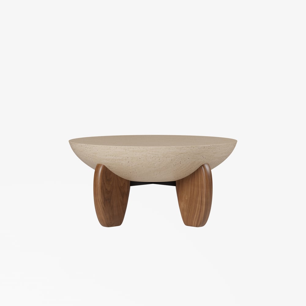 Table Basse Curva 76 cm Ronde en Béton Noyer avec Pieds en Bois image de fenêtre