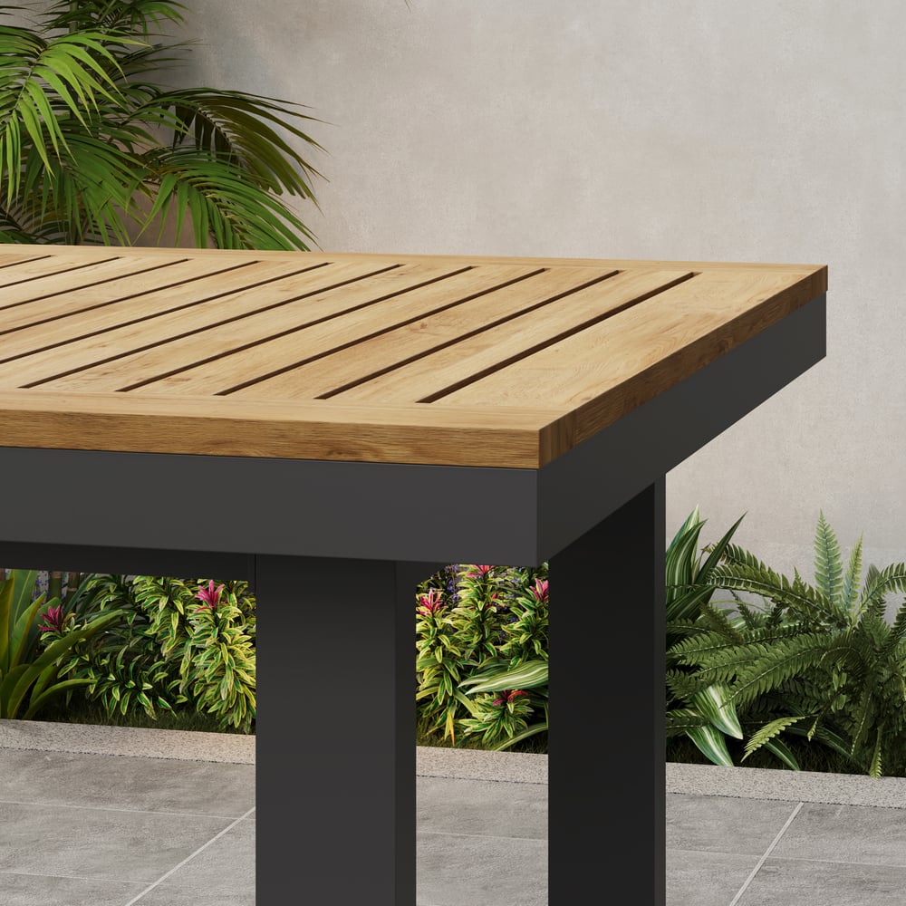 Tevara Outdoor Square Bar Table with Teak Wood Slat Top & Aluminium Frame in Dark Grey window image