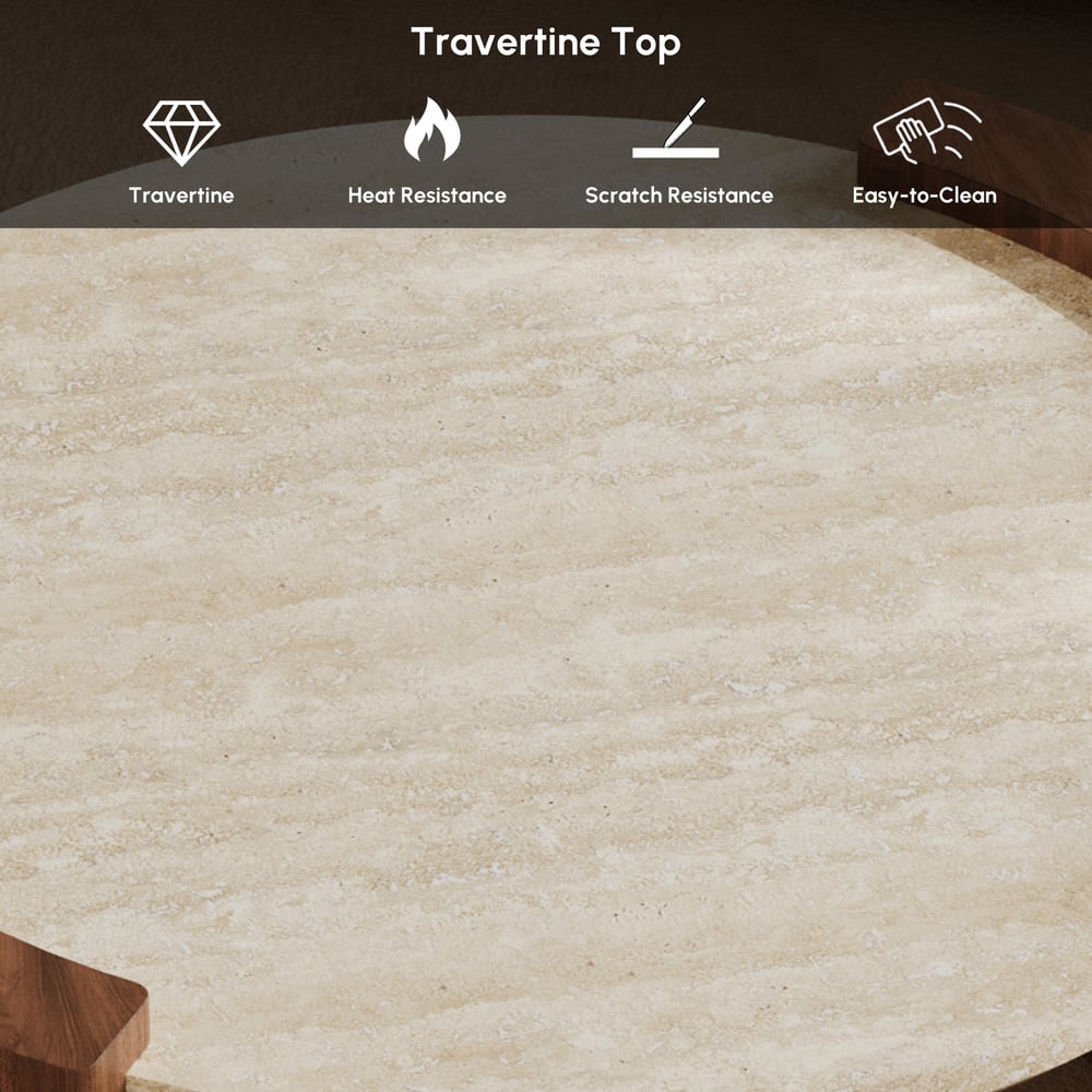 Table basse ronde en noyer de 28 pouces avec plateau en travertin image de fenêtre