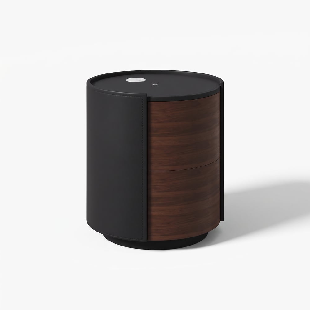 Modern Black Saddle Leather 2-Drawer Nightstand with Charging Station & Light window image