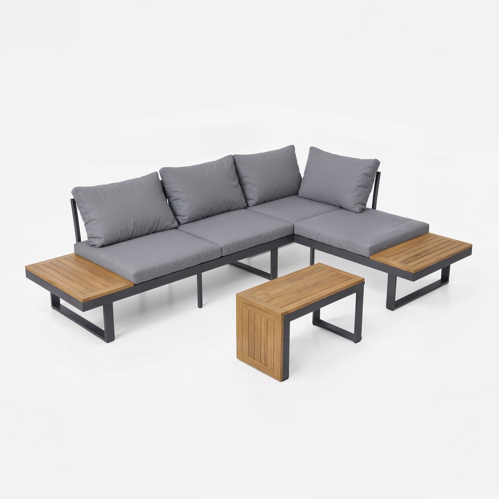 Ensemble de canapé modulaire d'extérieur Slatera en acacia et aluminium, gris foncé avec housse noire image de fenêtre