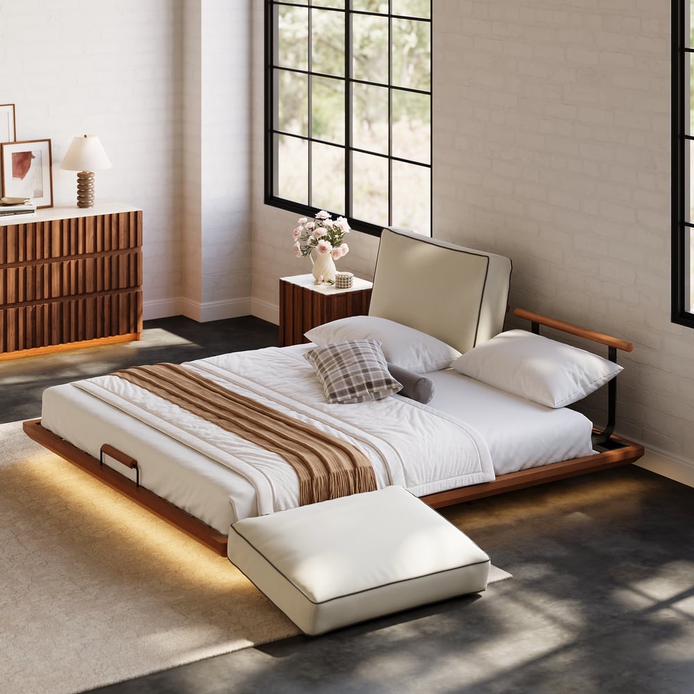 Japanese Style Solid Wood King Floating Bed with Headboard & Light window image