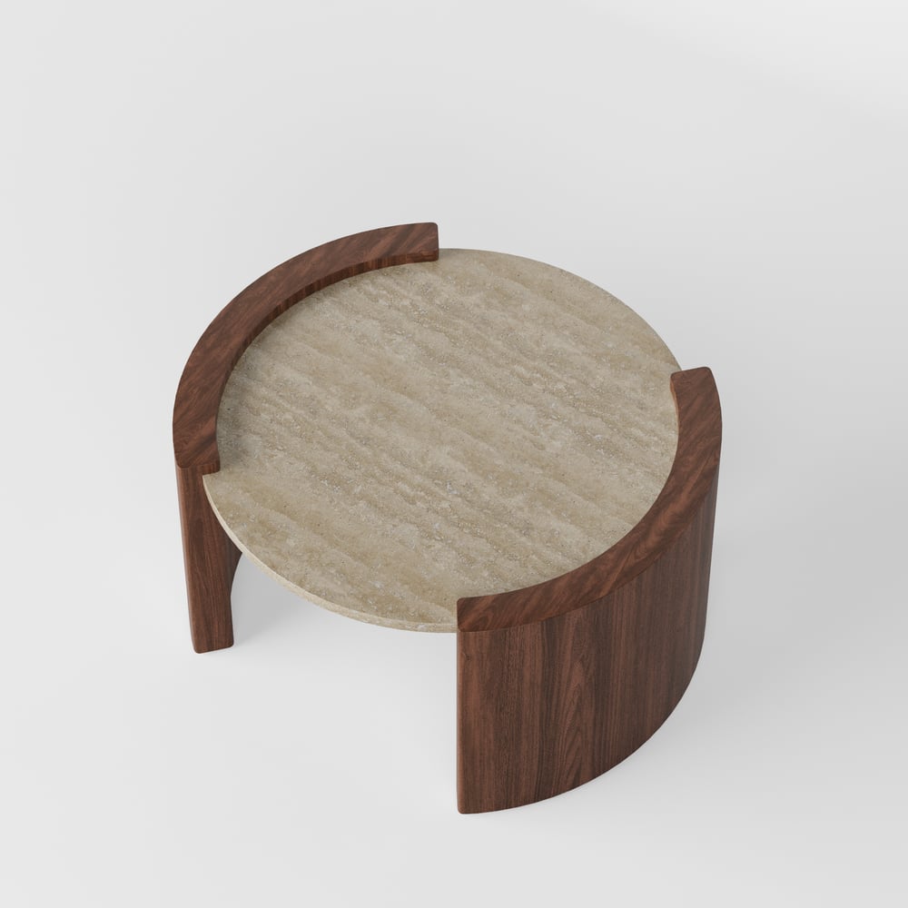 Table basse ronde en noyer de 28 pouces avec plateau en travertin image de fenêtre