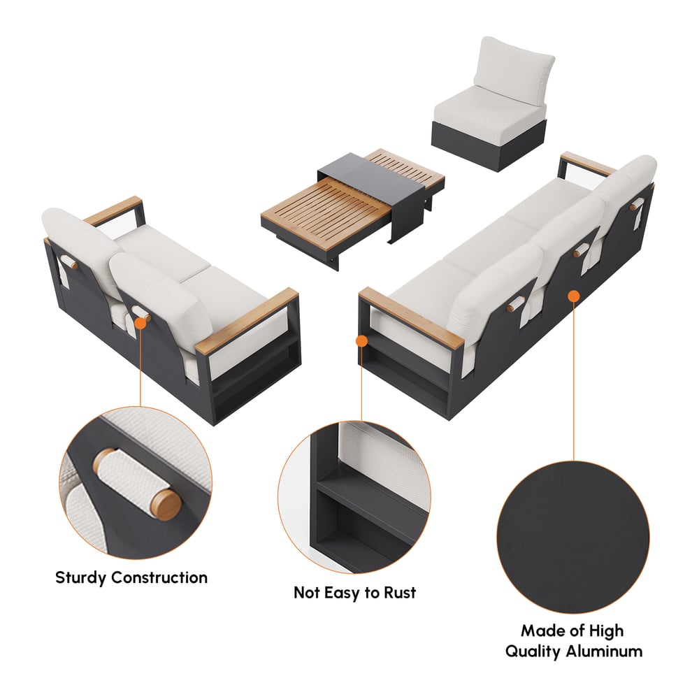 Tevara 6-Person Outdoor Sofa Set with Wood & Aluminum Frame, Dark Gray & Warm White window image