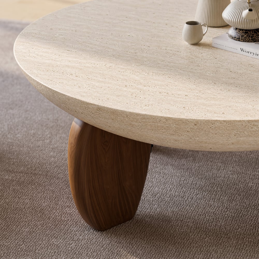 Table basse Curva ronde 94 cm en béton noyer avec pieds en bois image de fenêtre