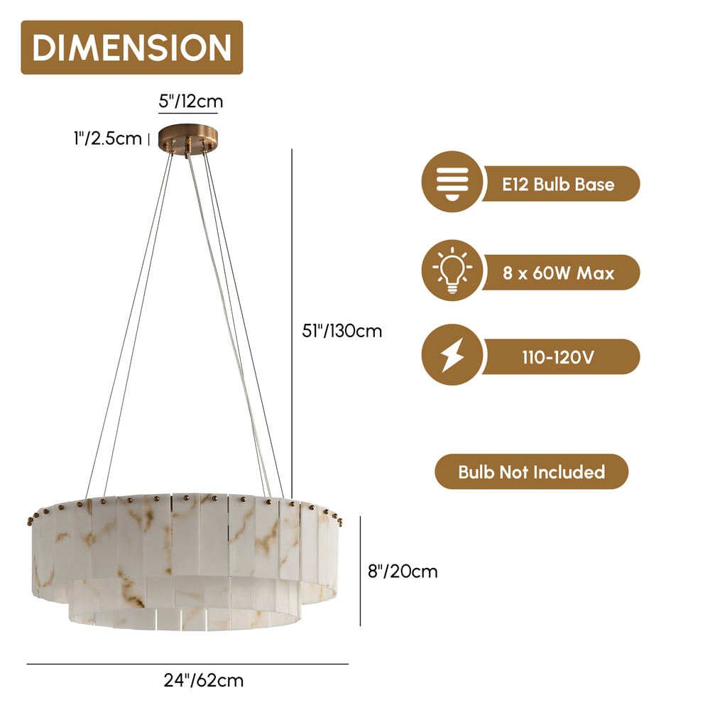 8-Light Tiered Chandelier Alabaster-Look 24" weights dimensions image