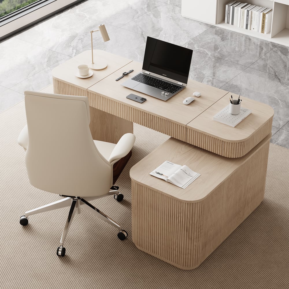 Velign 65" L-Shape Whitewash Executive Desk with Right-Side Cabinet window image