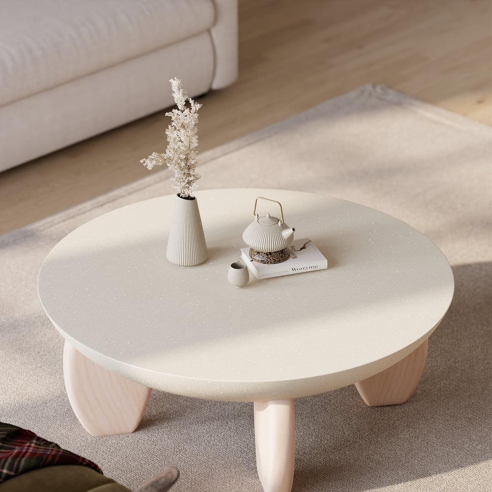 Mesa de Centro Curva Round de Betão e Nogueira com Pernas de Madeira Imagem da janela