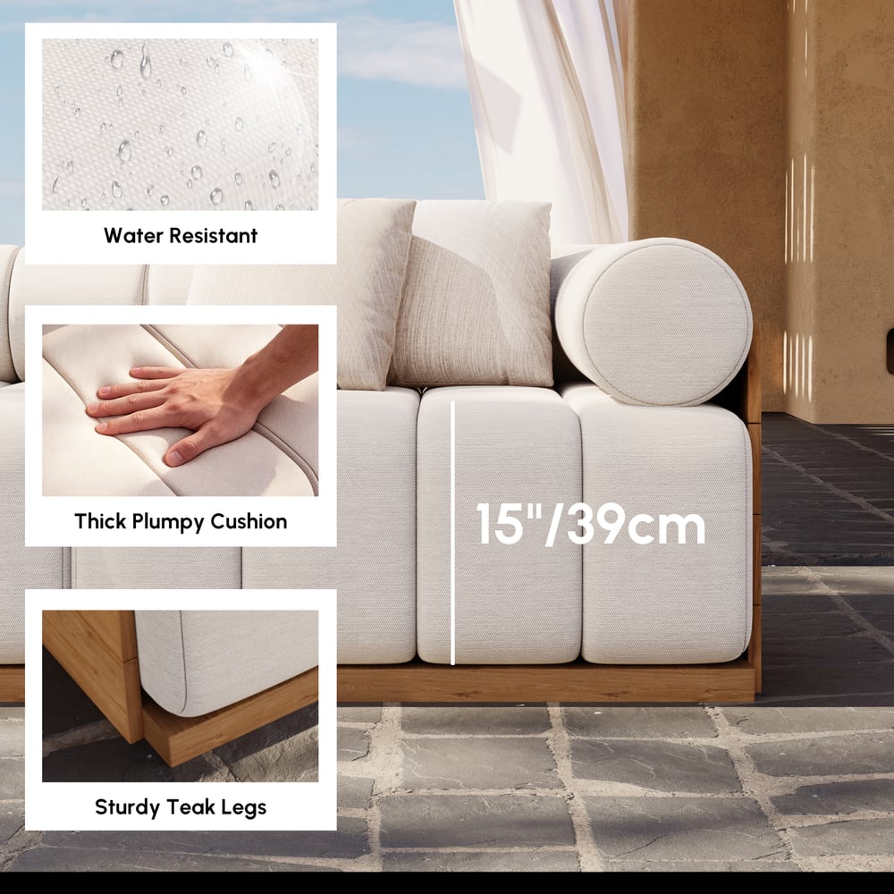 Resaro Teak Wood Deep-Seat 3-Seater Outdoor Sofa Warm White window image