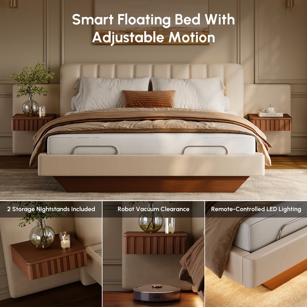 Genuine Leather Smart Bed Set With Adjustable Base And 2 Storage Nightstands window image