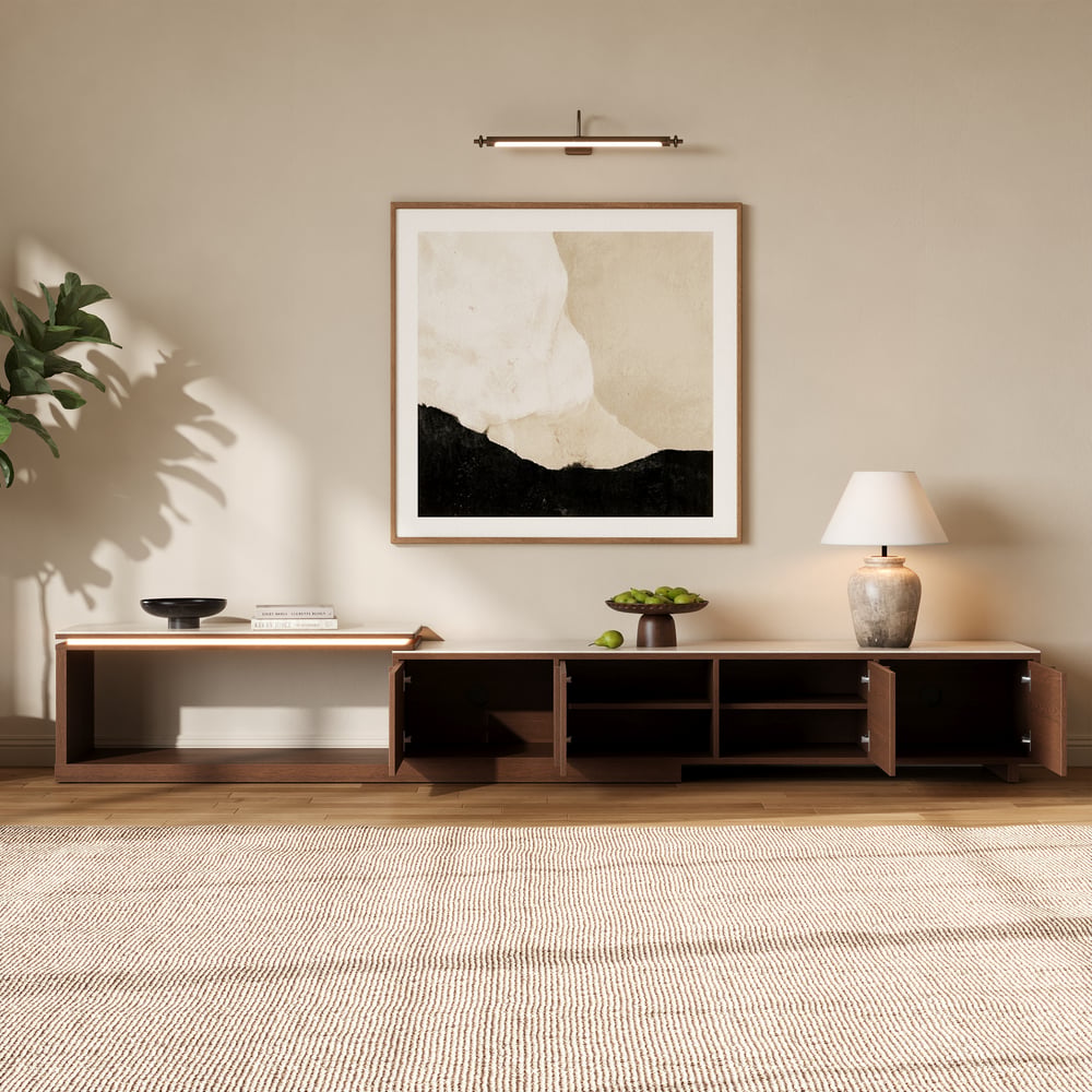 71"-108" Extendable Walnut TV Stand with Sintered Stone Top & Cabinets window image