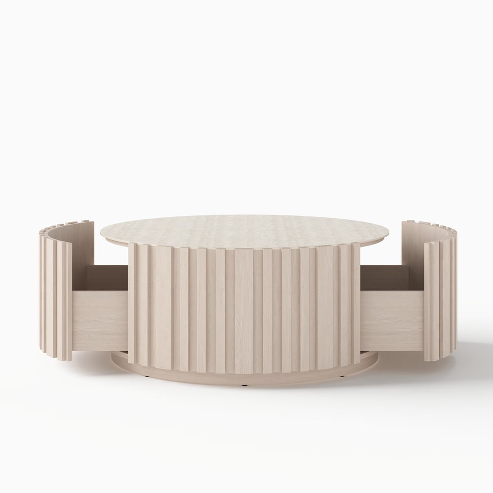 Aura 35" Round Washed White Slatted Sintered Stone Coffee Table with 2 Drawers window image
