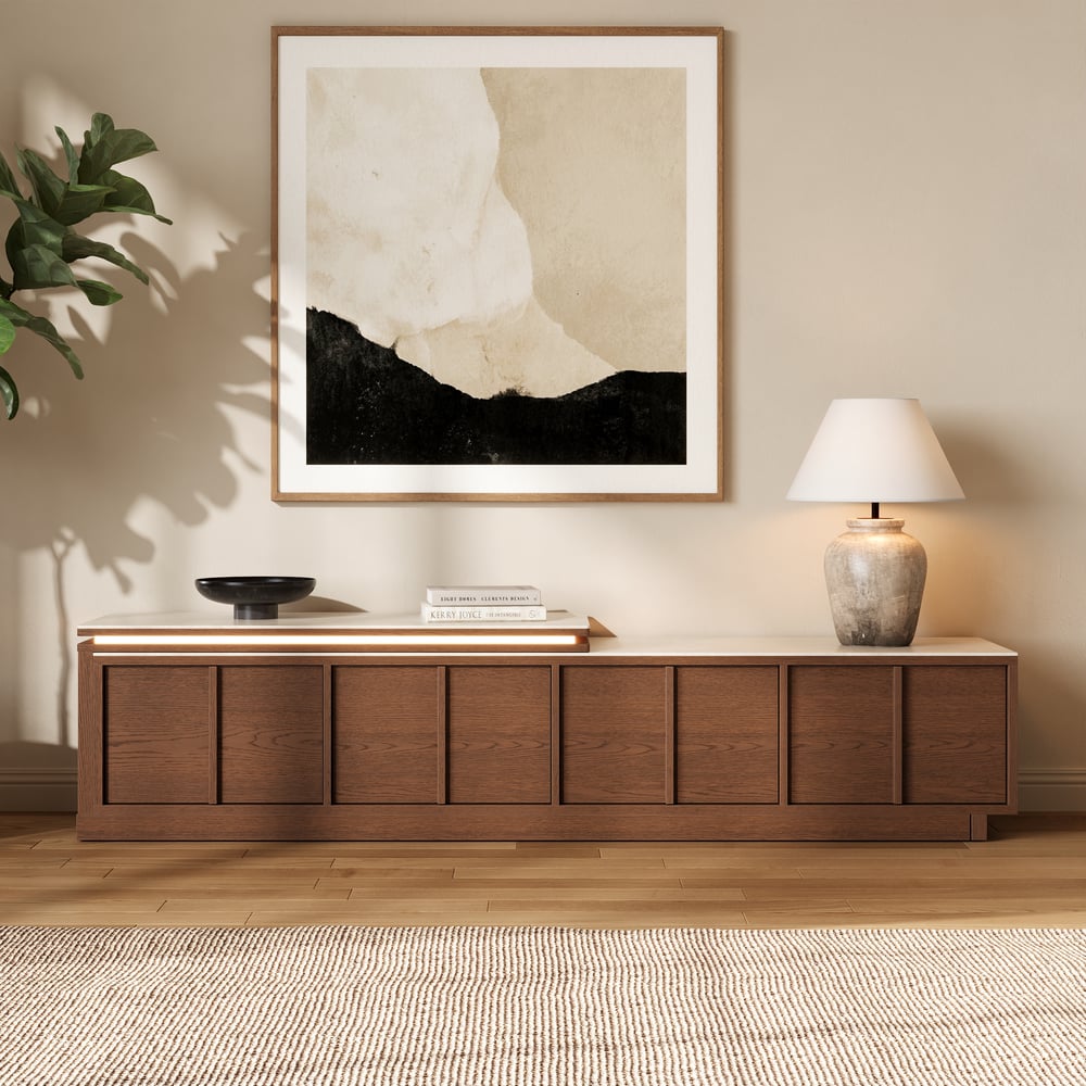 71"-108" Extendable Walnut TV Stand with Sintered Stone Top & Cabinets window image