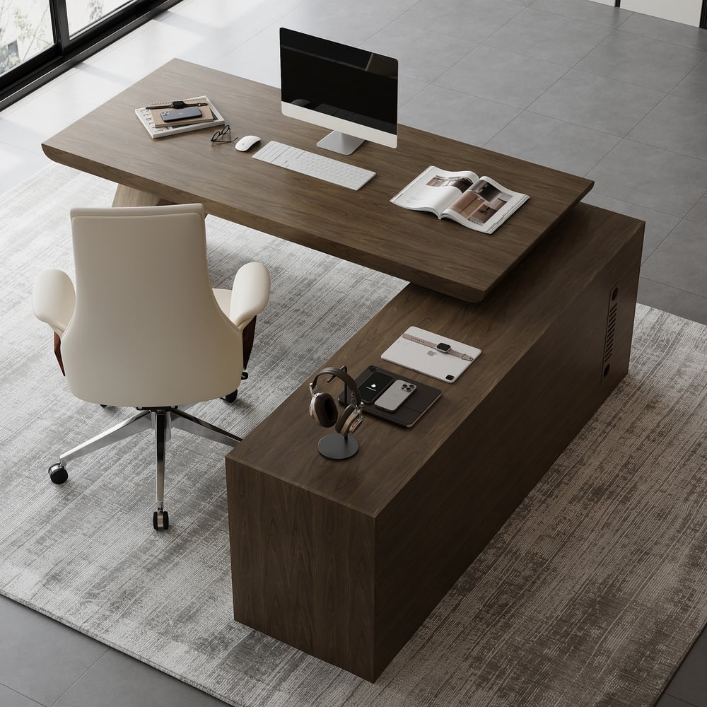 Modern 71" L-vormig directiebureau in gerookt bruin met kast aan de rechterkant Vensterafbeelding
