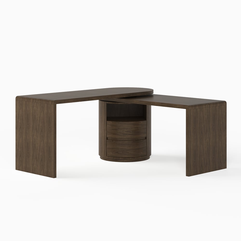 Modern 60" L-Shaped Walnut Office Desk with Drawers, Rotating Design window image