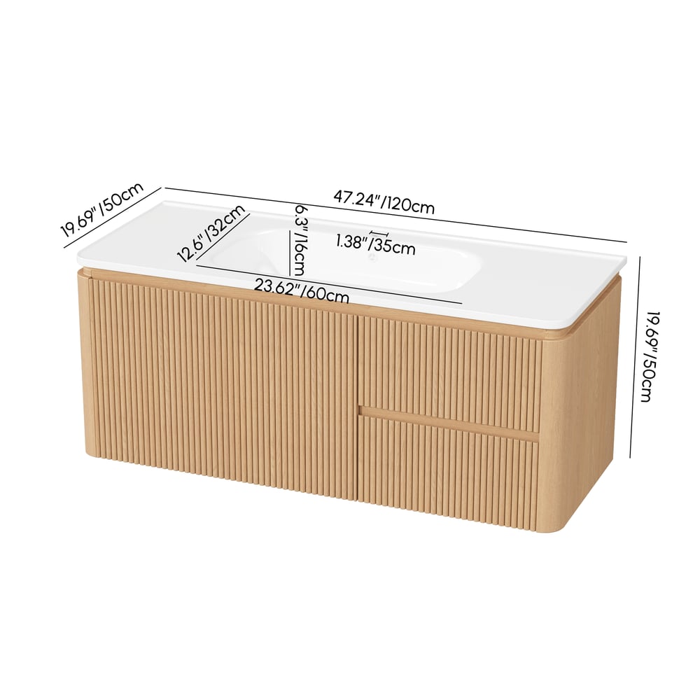 Moderní 119 cm plovoucí rýhovaná koupelnová skříňka s umyvadlem, měkkým LED osvětlením a dostatkem úložného prostoru váhy a rozměry obrázku