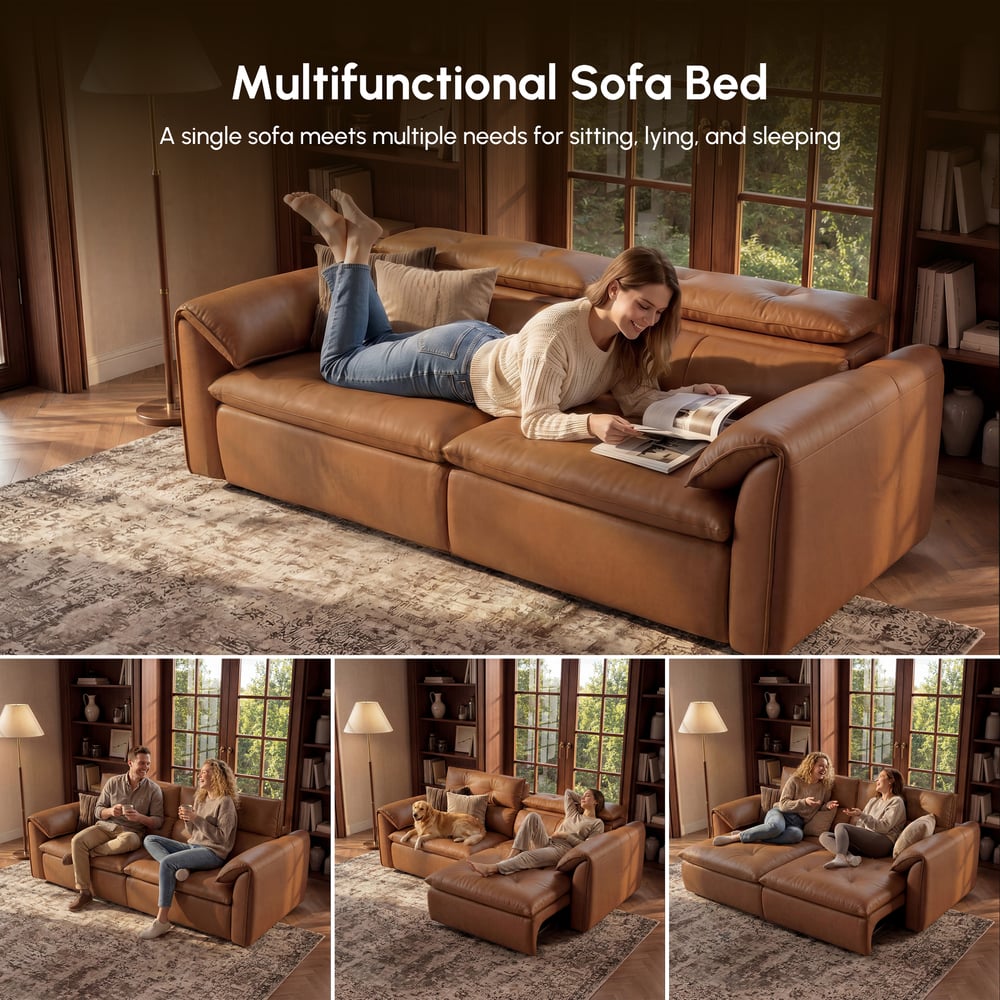 87" 2-Seater Genuine Leather Power Convertible Sleeper Sofa window image