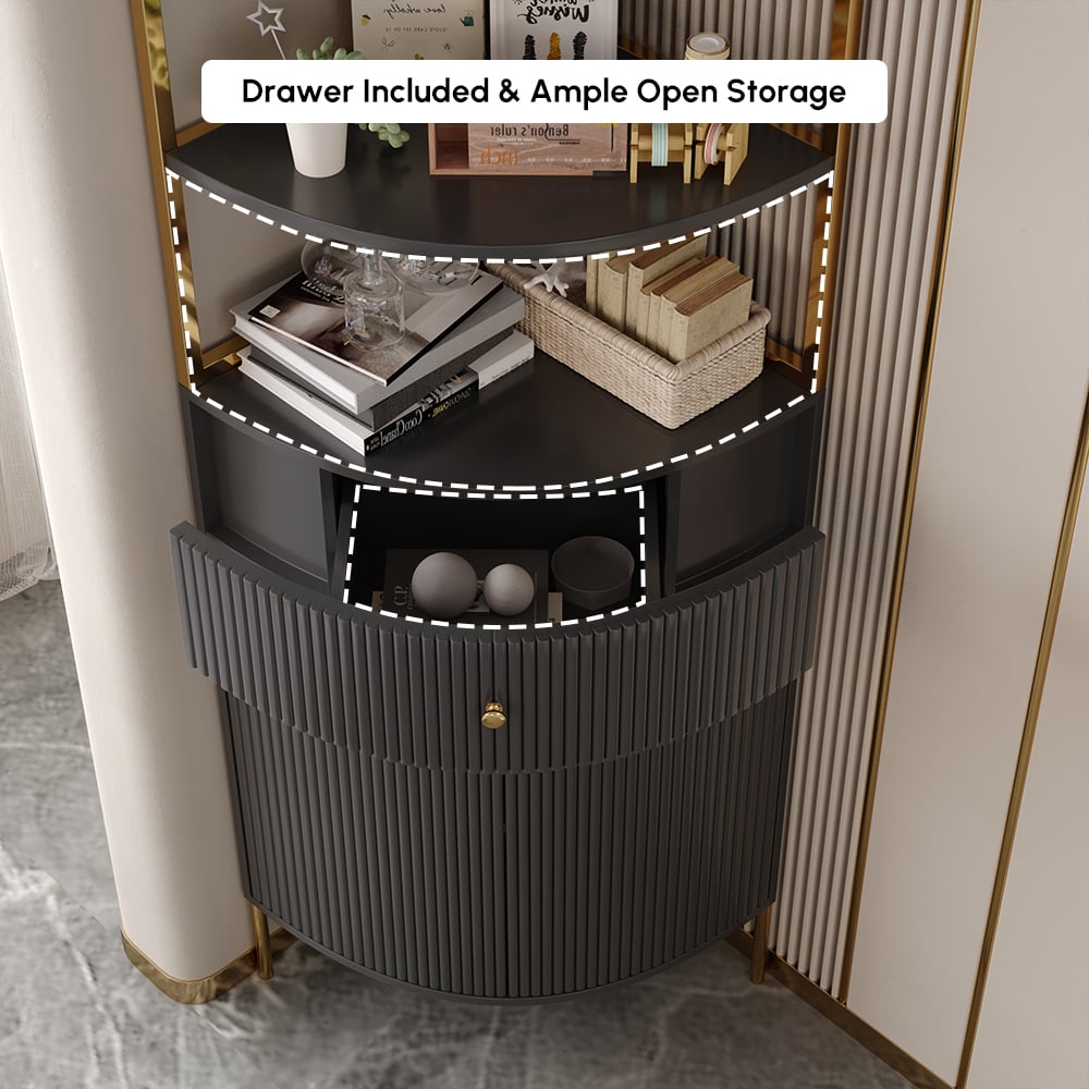 Modern 75" Black Corner Etagere Bookshelf with Drawer and 2-Door Cabinet window image