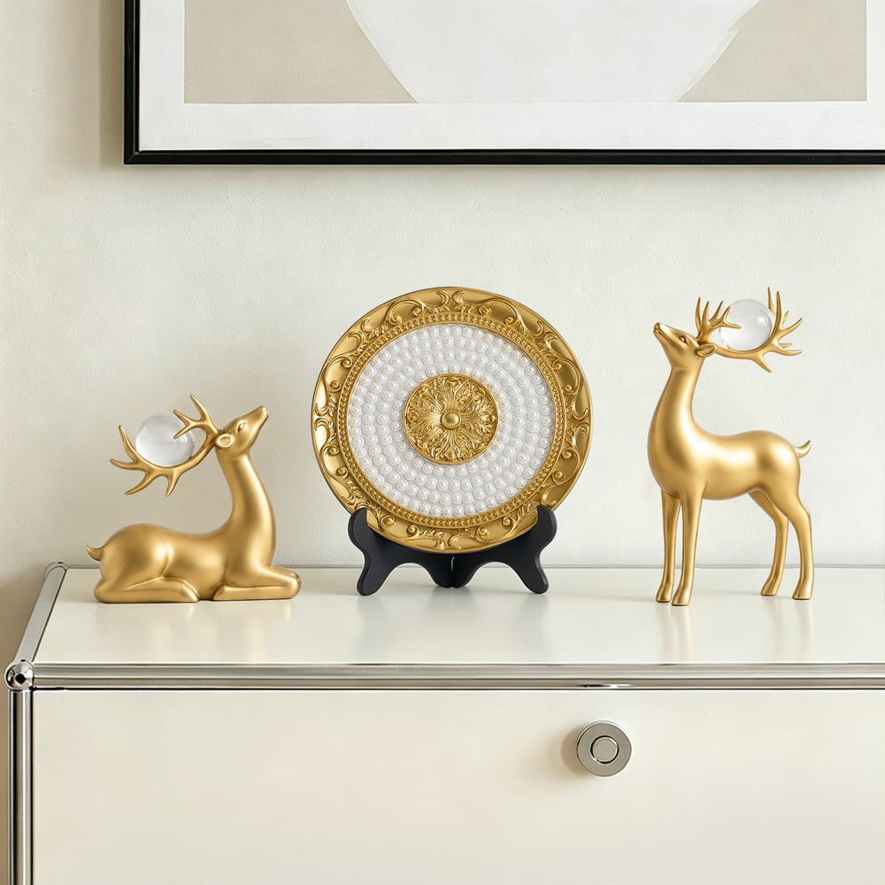 3PCS Golden Deer Figurine with Decorative Plate Set Luxury Resin Animal Sculptures window image