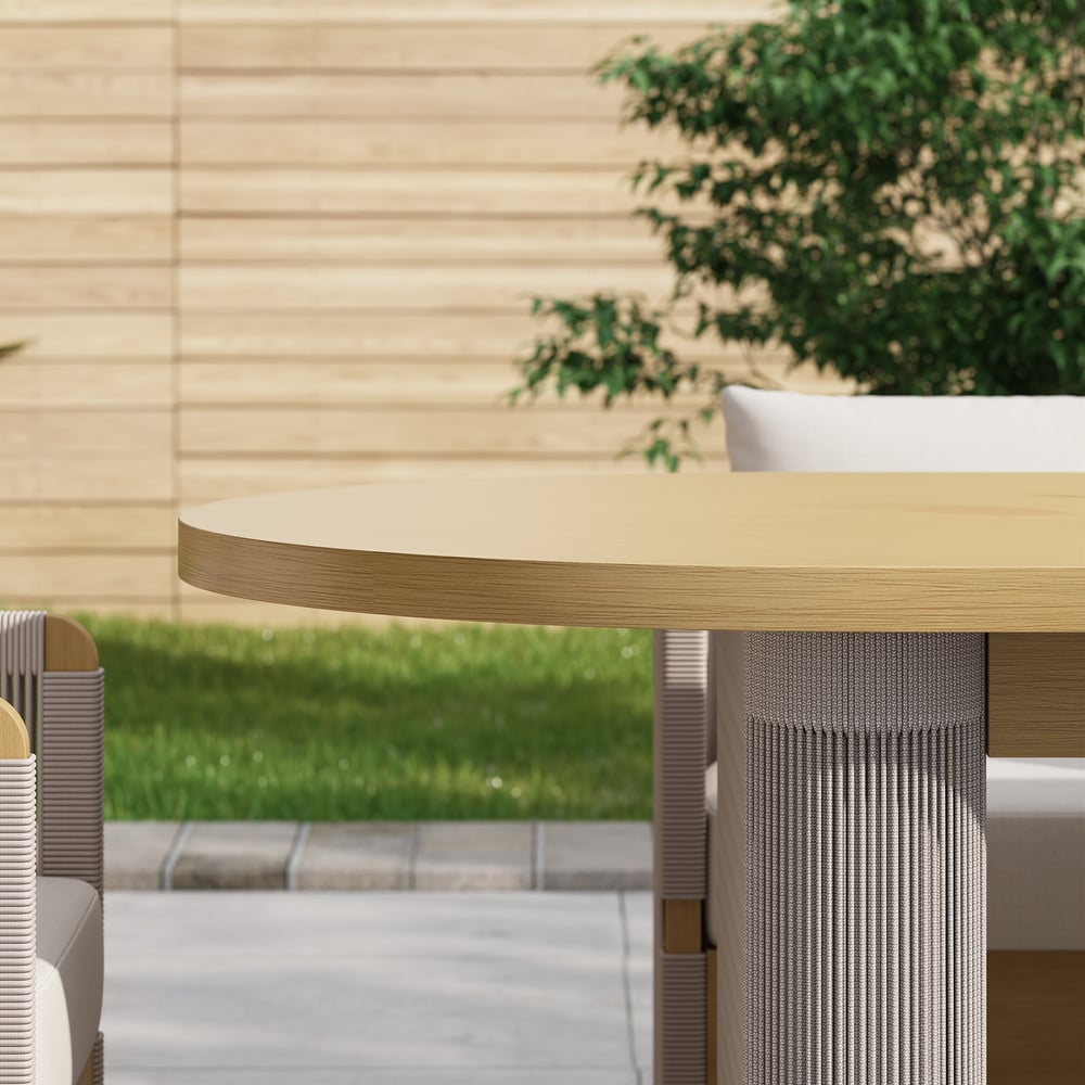 Costra  Outdoor Aluminum Extendable Dining Set with 6 Woven Swivel Armchairs in Ivory window image