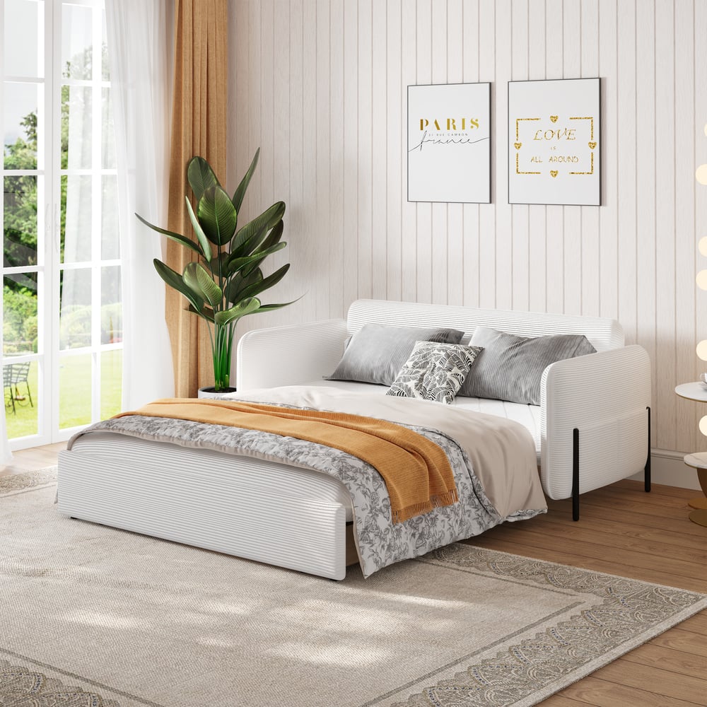 Canapé convertible lit 172 cm 2 places velours côtelé blanc avec rangement et coussins image de fenêtre