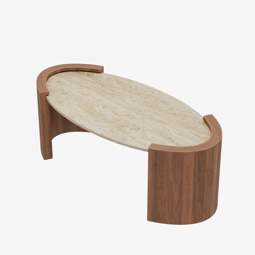 Table Basse de 43" en Pierre de Travertin Ovale Style Japandi image de fenêtre