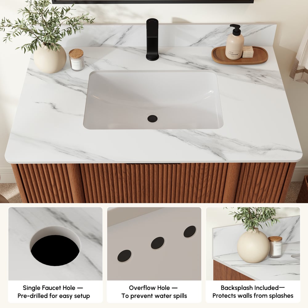 36" Fluted Single Bathroom Vanity with Sink and Sintered Stone Top window image