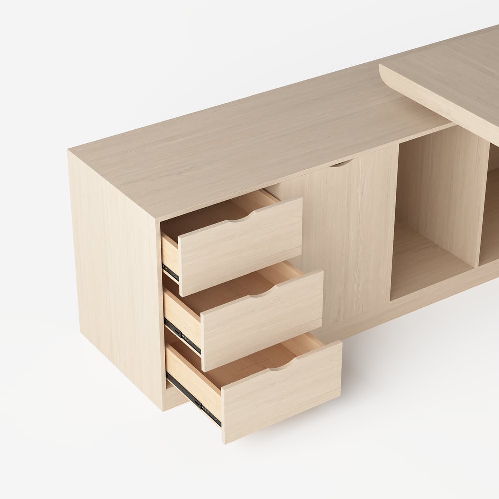 Escrivaninha executiva moderna em forma de L de 180 cm com acabamento em branco lavado e armazenamento, mão esquerda Imagem da janela