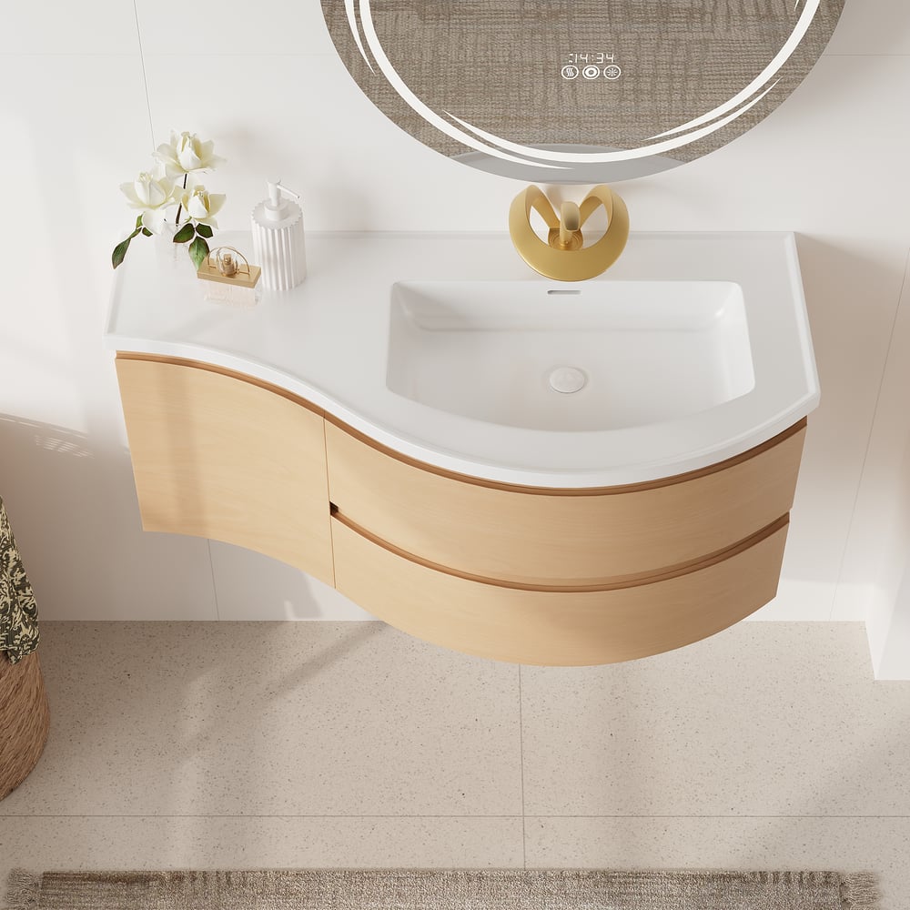 Floating Curved Bathroom Vanity & Round LED Medicine Cabinet Set Right Offset window image