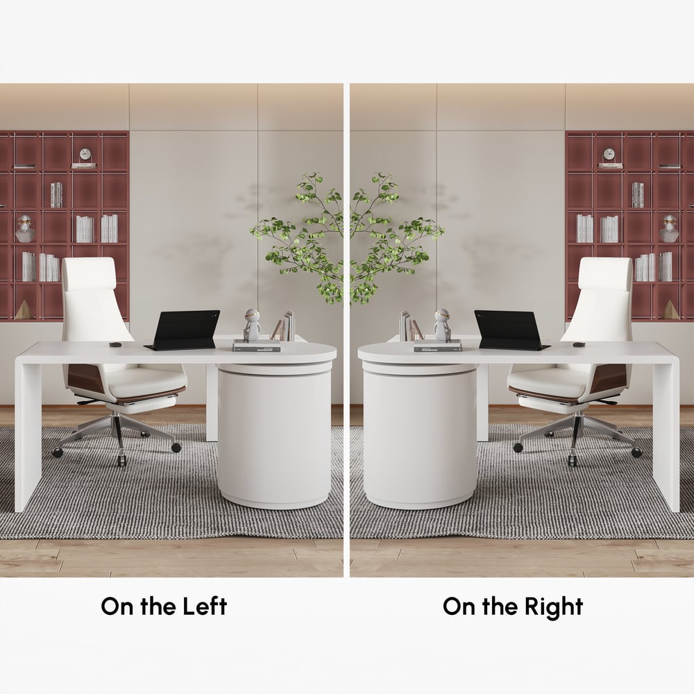 Modern 60" L-Shaped Matte Warm White Executive Desk with Drawers, Rotating Design window image