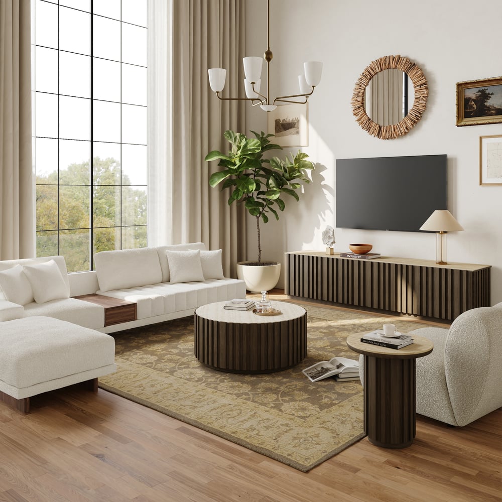 Aura Ash Wood Fluted Round Side Table with Sintered Stone Top window image