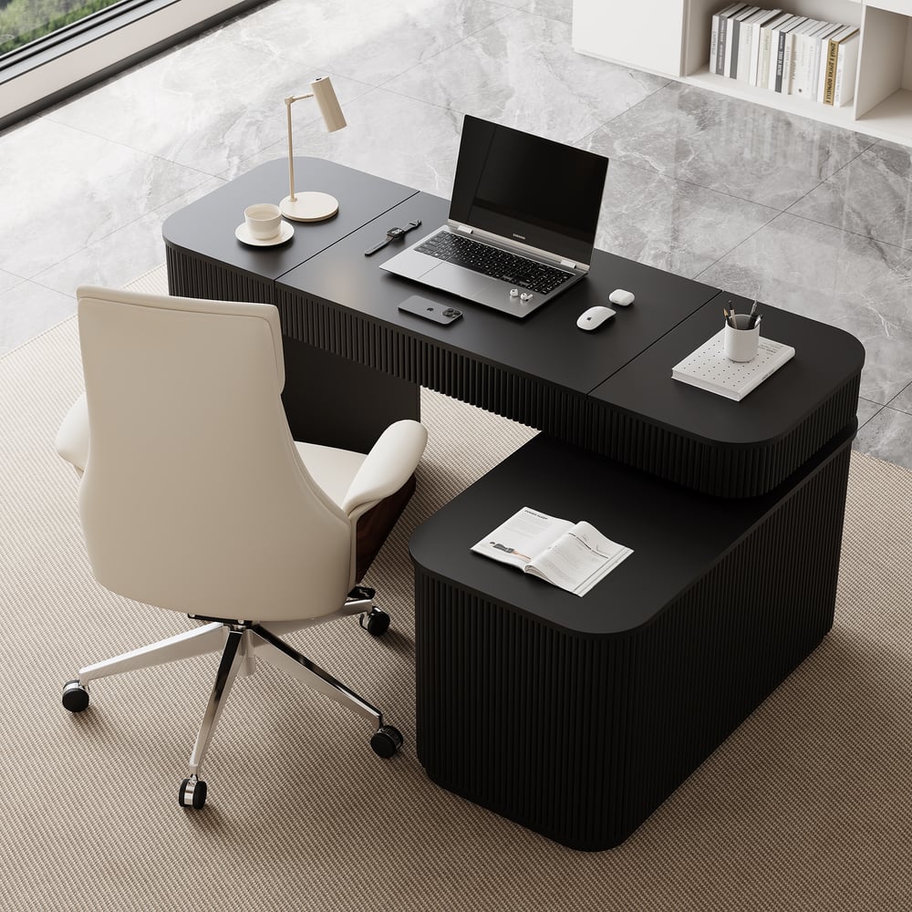 Velign 65" L-Shape Black Executive Desk with Right-Side Cabinet window image