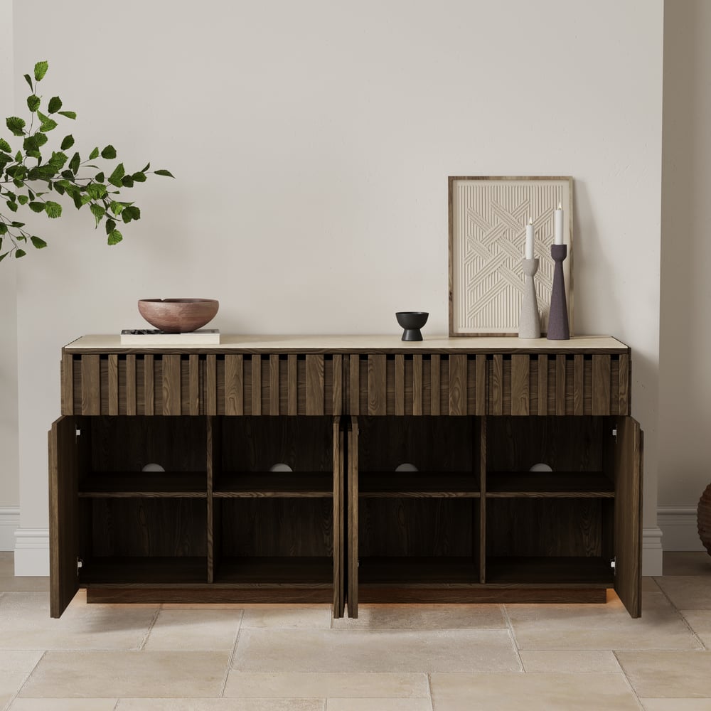 Aura 65" Ash Wood Slatted TV Stand with Sintered Stone Top window image