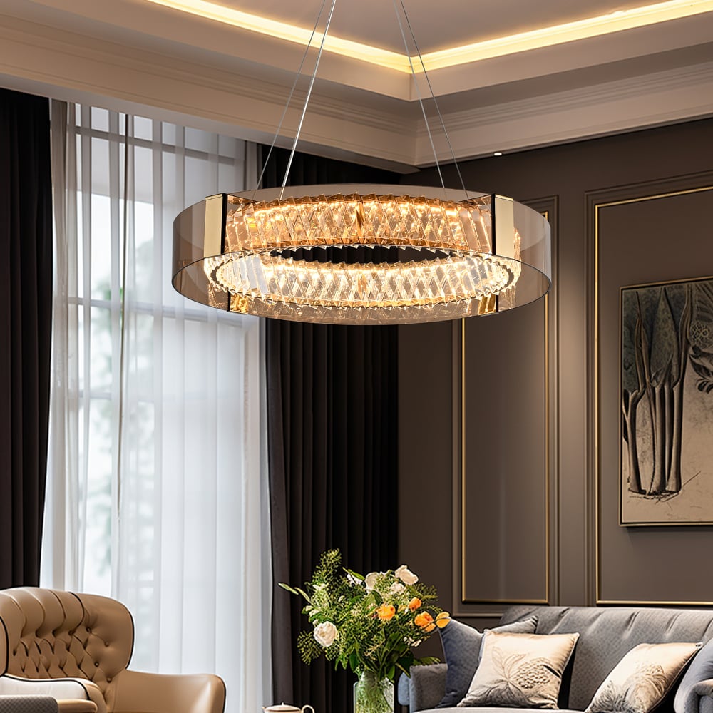24" Crystal Dimmable Ceiling Lights 3 Modes LED Crystal Chandelier with Remote Control window image