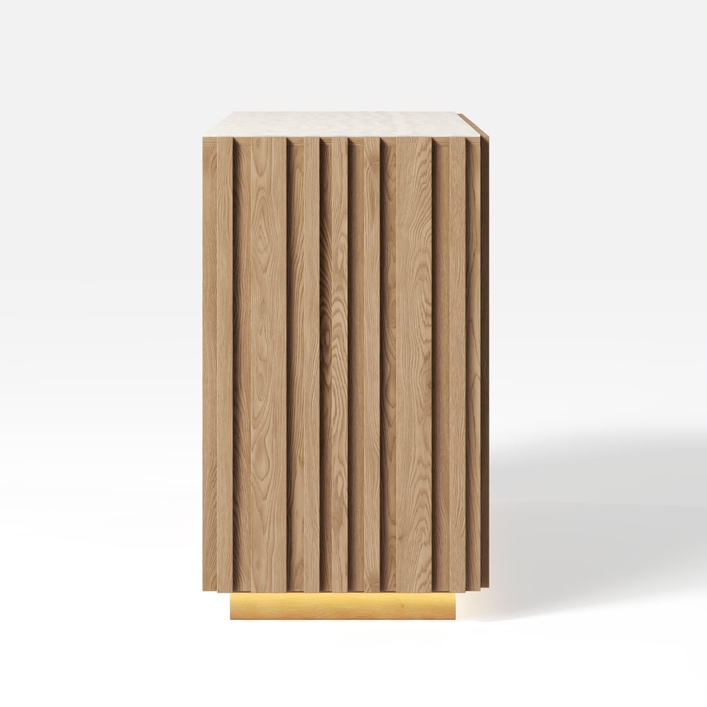 Buffet Aura 60" en Faux Travertin Naturel avec Portes à Lattes en Bois de Frêne et Lumière LED image de fenêtre